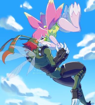  1boy 1girl brown_hair bug commentary compound_eyes confeito000_333 digimon digimon_(creature) digimon_xros_wars green_leotard highres insect_wings leotard lilamon midair pink_wings short_hair sky stingmon symbol-only_commentary transparent_wings wings 