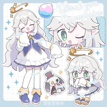  1girl :d ^_^ blue_border blue_shirt blush_stickers border borrowed_character bright_pupils chibi closed_eyes commentary_request commission dot_nose double-parted_bangs dress full_body green_eyes grey_hair grid_background hair_between_eyes halo hands_up koru_koruno long_hair long_sleeves looking_at_viewer multiple_views open_mouth original outside_border sample_watermark shirt skeb_commission sleeves_past_fingers sleeves_past_wrists smile sparkle standing striped_clothes striped_thighhighs stuffed_animal stuffed_rabbit stuffed_toy thighhighs watermark white_background white_dress white_pupils white_thighhighs zettai_ryouiki 