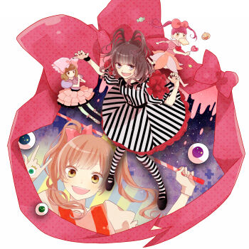  1girl ami7 bad_id bad_pixiv_id blush brown_eyes brown_hair candy_candy_(song) dress eyeball fashion_monster highres kyary_pamyu_pamyu open_mouth paw_pose pink_hair ponponpon short_hair skirt smile twintails 
