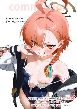  1girl ahoge artist_name asymmetrical_bangs black_halo blue_archive blue_one-piece_swimsuit blush braid breasts collarbone commentary_request commission covered_navel dated floral_print grin halo highleg highleg_one-piece_swimsuit highres huge_ahoge itinana jacket large_areolae long_sleeves looking_at_viewer mole mole_under_eye neru_(blue_archive) nipples one-piece_swimsuit one_breast_out open_clothes open_jacket orange_hair partially_unzipped print_jacket puffy_nipples red_eyes short_hair single_braid skeb_commission small_breasts smile solo swimsuit watermark wet white_background white_jacket zipper_pull_tab 