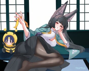  1girl absurdres animal_ear_fluff animal_ears aqua_jacket artist_name asaba_harumasa black_hair black_skirt breasts brown_pantyhose by_nearreya character_doll cleavage doll fox_ears fox_girl from_behind hashtag-only_commentary head_rest high-waist_skirt highres holding holding_ribbon hoshimi_miyabi jacket large_breasts long_hair long_skirt looking_at_viewer looking_back no_shoes pantyhose parted_lips partially_unbuttoned red_eyes ribbon shirt skirt solo white_shirt yellow_ribbon zenless_zone_zero 