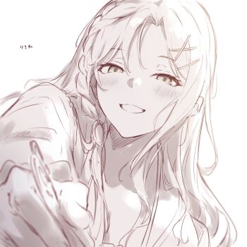  1girl bang_dream! blurry braid depth_of_field hair_ornament hairclip highres imai_lisa incoming_food kanade_(kanade_3344) monochrome open_mouth simple_background solo translated white_background 