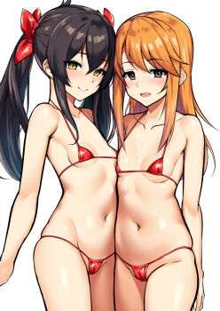  2girls bikini black_hair breasts brown_eyes closed_mouth female_focus hadacra hair_between_eyes hair_ribbon highres idolmaster idolmaster_cinderella_girls loli long_hair looking_at_viewer matoba_risa micro_bikini multiple_girls open_mouth orange_hair red_bikini ribbon simple_background small_breasts smile swimsuit twintails white_background yellow_eyes yellow_ribbon yuuki_haru  rating:Sensitive score:144 user:danbooru