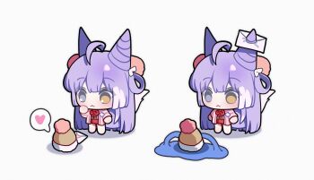  0_o_s_k 1girl :< ahoge ball_hands barefoot blunt_bangs blush chibi chibi_only closed_mouth commentary cone_hair_bun crying double-parted_bangs double_bun empty_eyes fox_girl fox_tail full_body grey_eyes hair_between_eyes hair_bun hashtag-only_commentary heterochromia highres inari_(tenko_shibuki) letter long_hair long_sleeves multiple_views neck_ribbon on_head pink_shirt purple_hair red_ribbon ribbon shirt simple_background standing stellive tail tenko_shibuki very_long_hair virtual_youtuber white_background yellow_eyes 