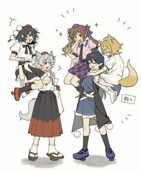  5girls ^^^ animal_ears armor black_bow black_bowtie black_gloves black_hair black_necktie black_socks blonde_hair blue_dress blue_hat bow bowtie brown_hair cellphone checkered_clothes checkered_skirt closed_eyes coat collared_shirt commentary_request detached_sleeves dress fang flip_phone fox_ears fox_girl fox_tail frilled_shirt_collar frilled_skirt frills geta gloves green_ribbon grey_hair hair_between_eyes hat highres himekaidou_hatate holding holding_phone iizunamaru_megumu inubashiri_momiji kudamaki_tsukasa long_hair long_sleeves multiple_girls necktie open_mouth pauldrons phone pink_shirt pointy_ears pom_pom_(clothes) puffy_short_sleeves puffy_sleeves purple_hat purple_shoes red_eyes red_hat ribbon ribbon-trimmed_sleeves ribbon_trim romper sakic43899 sandals shameimaru_aya shirt shoes short_sleeves shoulder_armor shoulder_guard simple_background single_pauldron sitting_on_shoulder skirt sleeve_ribbon sleeveless sleeveless_coat smile socks sweatdrop tail tengu-geta tengu_family_of_gensokyo_(touhou) tokin_hat touhou translation_request twintails white_background white_romper white_shirt white_socks wolf_ears wolf_girl wolf_tail 