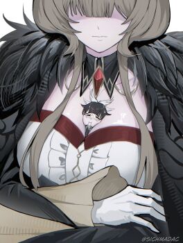  2girls :i :t between_breasts black_collar black_hair black_sleeves breast_smother breasts brown_hair cheek_press cheek_squash cleavage close-up closed_eyes closed_mouth clothes_between_breasts coat collar columbina_(genshin_impact) commentary detached_collar dress english_commentary eye_mask face_between_breasts face_squeeze face_to_breasts fatui_coat fur-trimmed_coat fur-trimmed_hood fur_hood fur_trim genshin_impact gloves hair_flaps hair_ornament hair_over_eyes hair_ribbon head_between_breasts head_out_of_frame head_wings highres hood long_sidelocks long_sleeves mask mini_person minigirl multicolored_hair multiple_girls multiple_wings person_between_breasts purple_hair purple_streaks ribbon rokibent sandrone_(genshin_impact) see-through_clothes see-through_mask shaded_face short_hair short_hair_with_long_locks sidelocks size_difference squeezing_cheeks squishing streaked_hair sweatdrop two-tone_hair upper_body white_mask white_wings wing_hair_ornament wings winter_clothes winter_coat x-shaped_eyewear yuri 