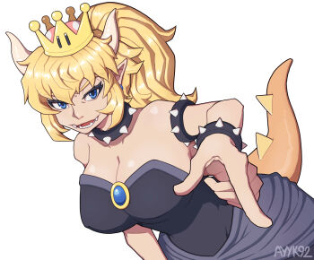  1girl armlet ayyk92 bare_shoulders blonde_hair blue_eyes bowsette bracelet breasts cleavage collar commentary crown dress earrings english_commentary highres horns jewelry mario_(series) nintendo ponytail sharp_teeth simple_background solo spiked_armlet spiked_bracelet spiked_collar spiked_shell spiked_tail spikes super_crown tail teeth white_background 