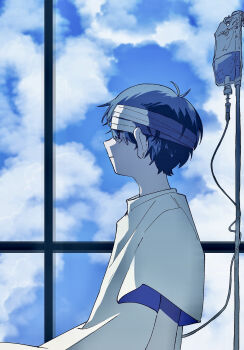  1boy antenna_hair backlighting bandaged_head bandages black_eyes black_hair blue_sky cloud commentary_request day from_side highres indoors intravenous_drip looking_ahead male_focus official_alternate_costume omori parted_lips profile shakomori_w shirt short_hair short_sleeves sky solo spoilers sunny_(hospital_gown)_(omori) sunny_(omori) tearing_up upper_body very_short_hair white_shirt window  rating:General score:1 user:danbooru