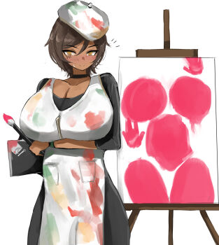  apron arms_under_breasts bodypaint breasts canvas_(object) choker cleavage curvy doubleuww1 hashtag-only_commentary hat highres large_breasts limbus_company looking_at_viewer mature_female outis_(project_moon) painting_(object) picture_frame project_moon short_hair solo tagme thick_thighs thighs 