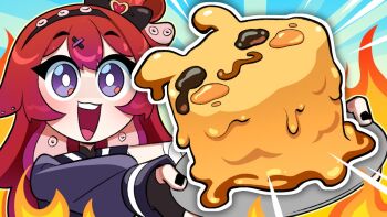  1girl bad_food berrycrepe black_bow black_nails bow bright_pupils cake character-themed_food cheriiart commentary emphasis_lines english_commentary eyelashes fingernails fire food hair_bow holding holding_plate indie_virtual_youtuber long_hair nail_polish official_art open_mouth plate purple_eyes red_hair smile solo teeth tentacle_hair upper_teeth_only video_thumbnail virtual_youtuber white_pupils youtube_video_thumbnail 