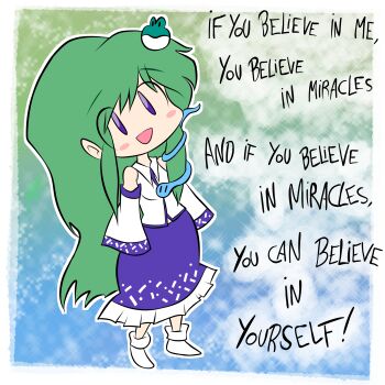  1girl absurdres dress frog_hair_ornament full_body green_hair hair_ornament happy highres japanese_clothes kochiya_sanae looking_at_viewer miko mountain_of_faith non-web_source smile snake_hair_ornament solo sparkle_background standing touhou two-tone_background 