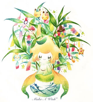  black_eyes chimecho closed_mouth colored_pencil_(medium) commentary_request english_text full_body gen_1_pokemon gen_3_pokemon highres jirachi legendary_pokemon mythical_pokemon nintendo painting_(medium) pikachu poke_ball poke_ball_(basic) pokemon pokemon_(creature) smile staryu tanabata tanzaku traditional_media watercolor_(medium) yukichi_0611 