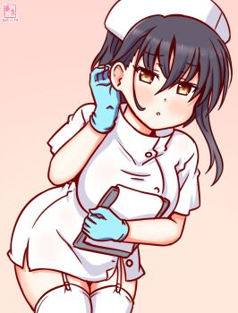  1girl alternate_costume artist_logo asymmetrical_hair black_hair blue_gloves brown_eyes clipboard dated dress garter_straps gloves gradient_background hat i-13_(kancolle) kanon_(kurogane_knights) kantai_collection leaning_forward logo nurse nurse_cap pink_background rubber_gloves short_hair solo standing thighhighs white_dress white_thighhighs 