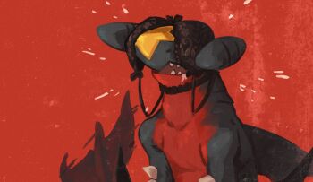  1other arms_at_sides black_bra bra bra_on_head brown_bra drooling fangs flying_sweatdrops garchomp gen_4_pokemon highres khyle. motion_lines nintendo object_on_head parted_lips pokemon pokemon_(creature) portrait red_background red_theme saliva sharp_teeth teeth underwear wings  rating:Sensitive score:45 user:danbooru