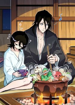  1boy 1girl absurdres antatica11 black_hair black_robe bleach blue_eyes bowl chinese_commentary closed_eyes commentary_request cooking cooking_pot eighth_note fire hair_between_eyes highres holding holding_bowl holding_sign hotpot husband_and_wife indian_style kuchiki_byakuya kuchiki_hisana ladle medium_hair mushroom musical_note robe seaweed_ambassador sign sitting sleeping sleeping_upright squeans steam translation_request white_robe yokozuwari 