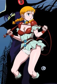  1boy 1girl belt blonde_hair blue_dress blue_eyes braid breasts cape choker church cleavage cross cross_necklace d_(vampire_hunter_d) doris_lang dress holding holding_whip itsuzuki_kanau jewelry kneehighs long_hair necklace open_mouth pale_skin panties pantyshot short_dress skirt socks standing twin_braids underwear upskirt vampire_hunter_d white_panties wristband 