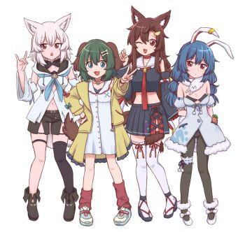  4girls animal_ears ankle_garter arms_behind_back black_bra black_pantyhose black_shirt black_shorts black_skirt black_thighhighs blue_eyes blue_hair bow bra frilled_thigh_strap brown_hair carrot coat coat_dress cosplay detached_sleeves dog_ears dog_girl dog_tail don-chan_(usada_pekora) dress earclip footwear_bow fox_ears fox_shadow_puppet full_body fur-trimmed_coat fur_scarf fur_trim green_hair highres hololive hood hoodie imaizumi_kagerou inubashiri_momiji inugami_korone inugami_korone_(1st_costume) inugami_korone_(cosplay) kasodani_kyouko looking_at_viewer multiple_girls ookami_mio ookami_mio_(1st_costume) ookami_mio_(cosplay) pantyhose puffy_detached_sleeves puffy_short_sleeves puffy_sleeves rabbit_ears red_eyes scarf seiran_(touhou) shirakami_fubuki shirakami_fubuki_(1st_costume) shirakami_fubuki_(cosplay) shirt short_dress short_sleeves shorts single_thighhigh skirt smile tail thigh_strap thighhighs touhou underwear usada_pekora usada_pekora_(1st_costume) usada_pekora_(cosplay) virtual_youtuber white_background white_bow white_coat white_dress white_footwear white_hair white_hoodie white_scarf white_sleeves wolf_ears wolf_girl wolf_tail wool_(miwol) 