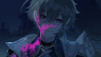  1boy absurdres ahoge armor belt belt_collar black_belt blue_hair blue_shirt choker coat collar collared_shirt commentary dark_background earrings genshin_impact hair_between_eyes highres ink_on_face jewelry lohen_(genshin_impact) long_sleeves looking_at_viewer male_focus mizutani_(zattany) mole mole_under_eye multicolored_eyes night shirt shoulder_armor smile untranslatable_commentary 