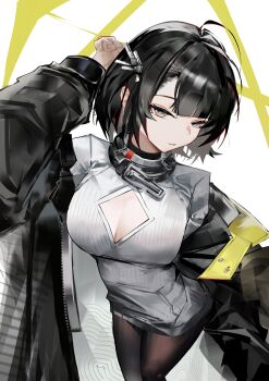  1girl absurdres arknights arknights:_endfield black_coat black_hair black_pantyhose breasts cleavage_cutout clothing_cutout coat commentary endministrator_(arknights) feet_out_of_frame female_endministrator_(arknights) grey_eyes grey_sweater hashtag-only_commentary highres looking_at_viewer medium_breasts mikkan off_shoulder open_clothes open_coat pantyhose ribbed_sweater short_hair solo sweater white_background 