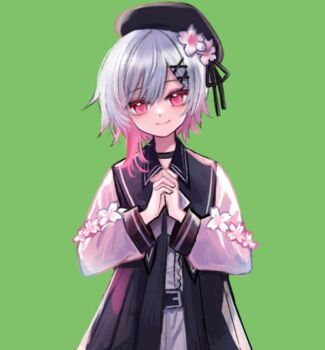  1girl beret black_choker black_dress black_hat cherry_blossoms choker closed_mouth commentary_request dress flower gradient_hair green_background grey_hair hair_flower hair_ornament hat interlocked_fingers long_sleeves looking_at_viewer mahou_shoujo_no_majo_saiban multicolored_hair musica_musica own_hands_together pink_eyes pink_hair sakuraba_ema short_hair simple_background smile solo white_flower x_hair_ornament 