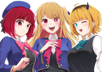  3girls absurdres arima_kana b-komachi_(new) beret blonde_hair blue_eyes blue_jacket blue_ribbon bob_cut commentary_request demon_horns fake_horns hakuou0714 hand_on_own_chest hat hat_ribbon highres horns hoshino_ruby inverted_bob jacket long_hair memcho mismatched_pupils multicolored_hair multiple_girls one_eye_closed one_side_up open_mouth oshi_no_ko pink_eyes pink_ribbon red_eyes red_hair ribbon roots_(hair) school_uniform short_hair smile star-shaped_pupils star_(symbol) symbol-shaped_pupils youtou_high_school_uniform 