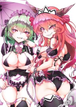  2girls absurdres alternate_costume apron ass bikini black_bikini black_thighhighs breasts chain cuffs enmaided evil_smile flower frilled_bikini frilled_skirt frills green_hair hair_between_eyes highres horns ibaraki_douji_(touhou) ibaraki_kasen jewelry kazami_yuuka large_breasts looking_at_viewer maid maid_apron maid_bikini maid_headdress microskirt multiple_girls open_mouth panties panty_pull pink_hair red_eyes ring rose shackles sharp_teeth skirt smile swimsuit teeth the_land_druid thighhighs thighs tongue tongue_out touhou umbrella unconventional_maid underwear white_background 