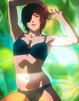  1girl absurdres arms_up bare_legs bare_shoulders belly black_bra black_hair black_panties bra breasts chainsaw_man collarbone eyepatch green_background highres himeno_(chainsaw_man) large_breasts lens_flare lingerie midriff navel official_art one_eye_covered panties short_hair smile stitched third-party_edit underwear  rating:General score:17 user:B-B-B_25