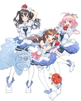  #unicus_(idolmaster) 3girls :d ;d ahoge antenna_hair apple arm_garter bob_cut collar commentary_request detached_collar dress fang food frilled_collar frills fruit full_body gloves grin high_heels highres holding holding_food holding_fruit idolmaster idolmaster_cinderella_girls idolmaster_cinderella_girls_starlight_stage looking_at_viewer mole mole_under_eye multiple_girls official_alternate_costume one_eye_closed open_mouth ringorou_(idolmaster) sharp_teeth shisui_(5830217) shoes simple_background smile starry_sky_bright_(idolmaster) straight_hair strapless strapless_dress sunazuka_akira teeth thighhighs tiara tsujino_akari twitter_username two_side_up v-shaped_eyebrows white_background white_dress white_gloves white_shoes white_thighhighs yumemi_riamu 