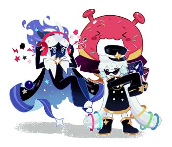  >_< 1boy 1girl 1other :3 :d absurdly_long_hair adjusting_headphones ankle_boots antenna_hair black_bodysuit black_boots black_cape black_hat black_jacket blue_cape blue_eyes blue_hair blue_skin blue_tongue bodysuit boots bright_pupils brooch buttons cape closed_eyes colored_eyelashes colored_shoe_soles colored_skin colored_tongue commentary_request cookie_run cookie_run:_kingdom donut double-breasted double-parted_bangs fewer_digits floating food full_body gold_trim hair_between_eyes hair_ornament hands_up hat hat_ornament headphones humanization jacket jewelry korean_commentary long_hair long_sleeves looking_ahead looking_at_viewer low_twintails michelin_(p0lo09) milky_way_cookie multicolored_hair open_mouth outline outstretched_arms oversized_jacket parted_bangs puffy_long_sleeves puffy_sleeves purple_eyes shadow shoes sideways_hat simple_background sitting sleeves_past_fingers sleeves_past_wrists smile space_doughnut sprinkles standing star_(symbol) star_brooch star_hat_ornament stardust_cookie sunglasses tareme tongue turtleneck turtleneck_jacket twintails two-sided_cape two-sided_fabric two-tone_hair very_long_hair white_background white_eyelashes white_hair white_outline white_pupils white_shoes white_skin 