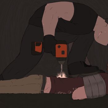  2boys arm_freckles belt body_freckles bound bound_arms brandon_hoff clinical_trial_(game) drill duct_tape freckles grin highres holding homunculus100 imminent_death imminent_murder lee_smith male_focus multiple_boys murder muscular muscular_male pants power_drill smile spoilers sweat wang's_kitchen_&amp;_bakery_uniform 