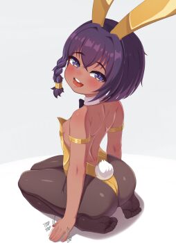  1girl animal_ears ass braid breasts dark-skinned_female dark_skin deep_skin doregene fake_animal_ears fake_tail feet female_focus highres legs loli looking_at_viewer original pantyhose playboy_bunny purple_eyes purple_hair rabbit_ears rabbit_tail small_breasts smile solo tail teeth thighs upper_teeth_only  rating:Explicit score:105 user:SassyLoliCorrector