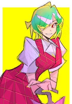  1girl blonde_hair border breasts collared_shirt cowboy_shot eyelashes green_eyes green_hair hair_over_one_eye half-closed_eye highres holding holding_umbrella kazami_yuuka looking_at_viewer medium_breasts multicolored_hair outside_border plaid_clothes plaid_skirt plaid_vest puffy_short_sleeves puffy_sleeves quatro10257041 red_skirt red_vest shirt short_hair short_sleeves simple_background skirt smile solo standing teeth touhou two-tone_hair umbrella vest white_border white_shirt yellow_background 