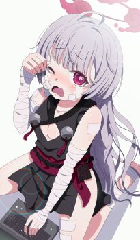 1girl absurdres ahoge bandaged_arm bandaged_leg bandages bare_shoulders barefoot bell between_legs black_kimono black_nails blue_archive blunt_bangs blush breasts bright_pupils cleavage cleavage_cutout clothing_cutout commentary computer_keyboard crying crying_with_eyes_open fang from_above grey_hair halo hand_between_legs hand_up highres huge_filesize japanese_clothes jingle_bell kimono lens_flare loli long_hair looking_at_viewer mikoshi_(user_wvyd4348) nail_polish nose_blush open_mouth red_halo red_sash sash shuro_(blue_archive) sideless_kimono simple_background sitting small_breasts solo streaming_tears tears upturned_eyes very_long_hair wariza white_background rating:Sensitive score:11 user:danbooru