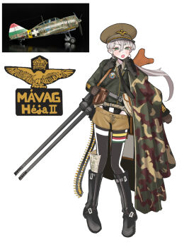 1girl aircraft airplane ammunition_belt bird bird_hat_ornament black_boots black_necktie blush boots camouflage camouflage_coat coat full_body fur_collar green_eyes grey_hair gulyas gun hair_between_eyes hat heavy_machine_gun high_collar highres humanization hungarian_army hungarian_flag hungary invisible_floor long_hair long_sleeves looking_at_viewer machine_gun map mavag_heja military_hat military_vehicle necktie open_mouth original personification photo_inset propeller_fighter reflective_floor short_hair shorts simple_background solo spread_wings teeth upper_teeth_only vehicle_and_personification weapon weapon_on_back white_background world_war_ii yellow_shorts