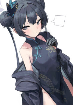  1girl absurdres black_dress blue_archive braid braided_bun butterfly_hair_ornament china_dress chinese_clothes coat commentary_request double_bun dragon_print dress gabang gloves grey_eyes grey_halo hair_bun hair_ornament halo highres jacket kisaki_(blue_archive) looking_at_viewer pelvic_curtain pinstripe_jacket pinstripe_pattern print_dress sleeveless sleeveless_dress solo striped_clothes striped_coat striped_jacket vertical-striped_clothes vertical-striped_jacket white_background 