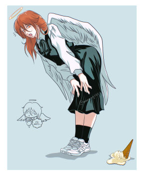  1boy androgynous angel angel_devil_(chainsaw_man) angel_wings bent_over border chainsaw_man collared_shirt commentary crossdressing crossdressing_(mtf) dress english_commentary food food_on_floor fourth_east_high_school_uniform hair_between_eyes halo highres ice_cream ice_cream_cone ice_cream_cone_spill long_hair male_focus mmmags neck_ribbon pinafore_dress ribbon school_uniform shirt sleeveless sleeveless_dress solo twitter_username white_border white_shirt white_wings wings 