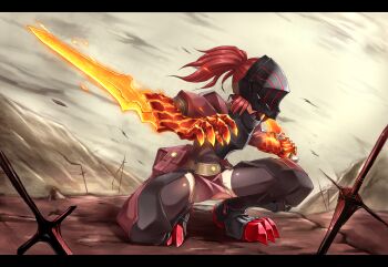  armor belt_pouch brown_hair clawed_boots commentary_request dual_wielding gauntlets helmet highres holding outdoors pixiv_fantasia pixiv_fantasia_last_saga planted ponytail pouch raodekiya shuno_glen squatting sword weapon 