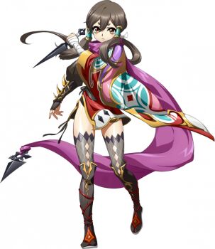  1girl bandaged_arm bandages black_boots black_thighhighs boots bracer brown_hair closed_mouth full_body game_cg hair_between_eyes hair_tubes holding holding_kunai holding_weapon japanese_clothes kimono kunai langrisser langrisser_mobile langrisser_re:incarnation light_frown looking_at_viewer ninja official_art orange_eyes ponytail purple_scarf scarf short_eyebrows short_kimono short_yukata simple_background solo standing tachi-e thighhighs third-party_source transparent_background tsubame_(langrisser) two_side_up weapon yukata zettai_ryouiki 