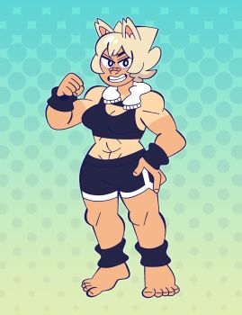  1girl absurdres animal_ears bandage_on_nose bare_shoulders barefoot billspooks black_sports_bra breasts cleavage commentary english_commentary feet gen_1_pokemon hand_on_own_leg highres legband nintendo pokemon primeape short_hair shorts sports_bra tan tanline toes wristband 