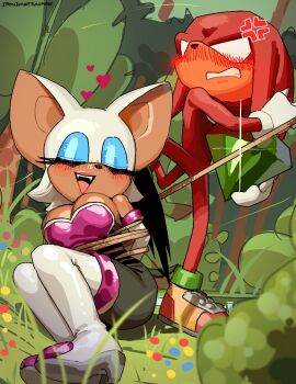  1boy 1girl anger_vein arms_behind_back artist_name blush boots breasts bursting_breasts clenched_teeth closed_eyes fangs gem green_gem heart highres ironicnotsavage knuckles_the_echidna large_breasts legs makeup master_emerald moaning open_mouth pink_lips rouge_the_bat sega smile sonic_(series) surprised teeth thighs tied_up_(nonsexual) white_eyes 