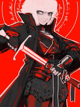  1girl absurdres armor armor_under_clothes black_armor black_coat black_ribbon breastplate calligraphy coat commentary concentric_circles cowboy_shot english_commentary faulds gauntlets grey_eyes high_contrast highres holding holding_sheath holding_sword holding_weapon looking_to_the_side marie_(peripeteia) no_pupils notfuji open_clothes open_coat outline painterly peripeteia popped_collar red_background red_star red_theme ribbon sheath short_hair sketch solo standing star_(symbol) sword trench_coat unsheathing weapon white_hair white_outline  rating:General score:9 user:danbooru