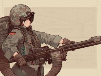  1girl alien_(series) aliens_(1986) ammunition_backpack ammunition_belt ammunition_chute black_gloves brown_background brown_hair bulletproof_vest caseless_firearm cassette_player closed_mouth combat_helmet electronic_firearm freckles german_flag gloves green_eyes green_jacket gun hans_get_the_flammenwerfer heavy_machine_gun helmet highres holding holding_gun holding_weapon jacket m56_smartgun machine_gun notfuji original solo upper_body weapon 