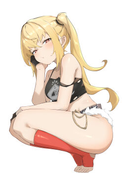 1girl absurdres bare_shoulders black_camisole black_gloves blonde_hair bright_pupils camisole closed_mouth commentary_request from_side full_body fur-trimmed_shorts fur_trim gloves highres kneehighs loli long_hair looking_at_viewer looking_to_the_side luciana_de_montefio red_eyes red_socks shorts simple_background socks solo squatting stirrup_legwear strap_slip thighs toeless_legwear wan_ban white_background white_pupils zenless_zone_zero rating:Sensitive score:91 user:danbooru