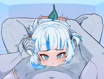  1boy 1girl blue_eyes blue_hair blue_nails colored_skin completely_nude crying crying_with_eyes_open deepthroat emphasis_lines fellatio fins fish_tail gawr_gura grabbing_another's_hair grey_skin heart heart-shaped_pupils hetero holding_another's_hair hololive irrumatio loli looking_at_viewer moral_cacoethes nude oral pov rough_sex saliva scissorhold shark_girl shark_tail short_twintails simple_background symbol-shaped_pupils tail tears twintails virtual_youtuber 