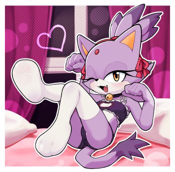  1girl absurdres animal_ears animal_feet animal_nose black_bra black_panties blaze_the_cat blush bra breasts cat_cutout cat_ears cat_girl cat_tail clothing_cutout forehead_jewel furry furry_female gato_del_futuro highres looking_at_viewer one_eye_closed orange_eyes panties paw_pose purple_fur reclining small_breasts smile solo sonic_(series) tail thighhighs topknot underwear white_thighhighs 