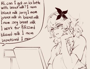  1girl annoyed apron bags_under_eyes between_fingers breasts cash_register cigarette disgust drawegg english_text evernight_(honkai:_star_rail) eyelashes flower hair_flower hair_ornament hairclip half-closed_eyes hand_on_own_cheek hand_on_own_face head_rest high_contrast highres holding holding_cigarette honkai:_star_rail honkai_(series) iced_latte_with_breast_milk_(meme) large_breasts lineart march_7th_(honkai:_star_rail) meme monochrome parallel_hairclips parted_lips sidelocks simple_background solo speech_bubble tsk tsking upper_body white_background 