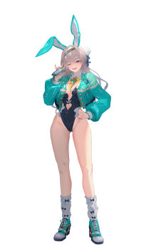  1girl absurdres alternate_costume animal_ears aqua_jacket aqua_shoes black_hairband black_leotard bow bowtie breasts commentary_request detached_collar fake_animal_ears firefly_(honkai:_star_rail) full_body grey_hair hairband hand_on_own_hip highleg highleg_leotard highres holding honkai:_star_rail honkai_(series) ieris jacket large_breasts leg_warmers leotard long_hair long_sleeves looking_at_viewer one_eye_closed open_clothes open_jacket open_mouth playboy_bunny puffy_long_sleeves puffy_sleeves purple_eyes rabbit_ears shoes simple_background solo standing white_background white_leg_warmers yellow_bow yellow_bowtie 
