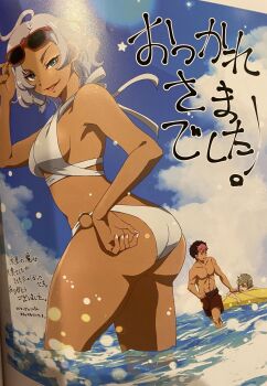  1girl 2boys artbook ass beach bikini blue_eyes breasts brown_hair cloud cloudy_sky collarbone dark-skinned_female dark-skinned_male dark_skin earrings elan_ceres grey_hair guel_jeturk gundam gundam_suisei_no_majo halter_top_bikini hand_on_own_hip highres hoop_earrings huge_ass japanese_text jewelry large_breasts lifebuoy light_grey_hair multicolored_hair multiple_boys muscular muscular_male nail_polish naughty_face official_art pink_hair pulling secelia_dote shirt shorts sky smile standing_in_water sunglasses sunglasses_on_head swim_ring swimsuit thick_thighs thighs tongue tongue_out translation_request two-tone_hair unworn_shirt wading water wedgie white_bikini white_nails yamauchi_masami  rating:Questionable score:42 user:WashiZ