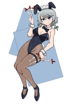  1girl absurdres animal_ear_hairband animal_ears avian_zebra belt black_bow black_bowtie black_leotard black_pantyhose black_shoes blue_eyes bow bowtie braid braided_sidelocks breasts bunny_day commentary detached_collar english_commentary fake_animal_ears fake_tail grey_hair groin hairband highleg highleg_leotard highres holding holding_knife izayoi_sakuya knife leotard looking_at_viewer pantyhose playboy_bunny rabbit_ear_hairband rabbit_ears rabbit_tail shoes smile solo strapless strapless_leotard tail thigh_belt thigh_strap touhou white_wrist_cuffs wrist_cuffs 
