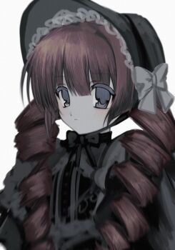  1girl black_bonnet black_bow black_dress black_eyes blurry blush bonnet bow closed_mouth depth_of_field dress drill_hair expressionless gothic_lolita grey_bow highres lolita_fashion long_hair nemu_(zutto_oyasu3) original red_hair simple_background solo twin_drills white_background 
